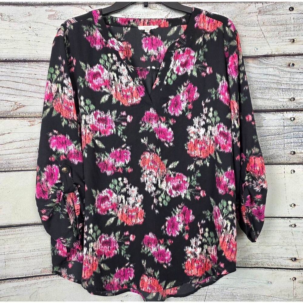 Maurices Black Floral V Neck Blouse Womens XL